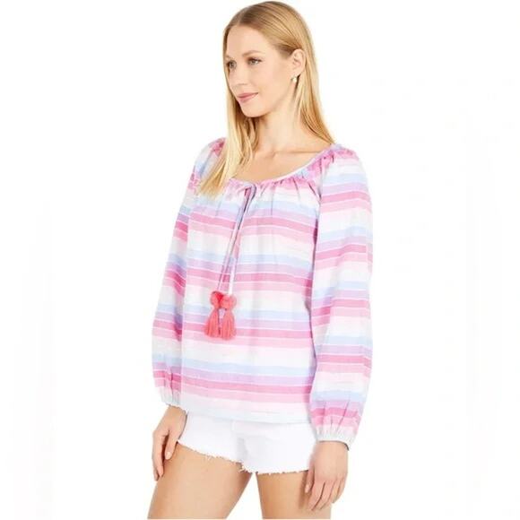 J. Crew Peasant Top in Metallic Pastel Stripe Pink Purple Size Small New - Picture 13 of 14